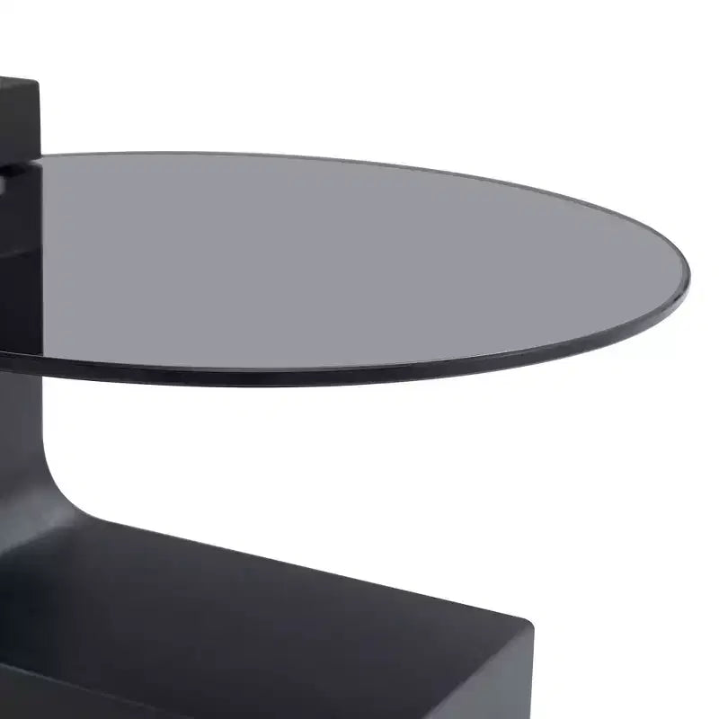Table basse gigogne ronde, Table d'appoint, Table basse avec plateau en verre transparent et pieds en forme de L, Blanc/Marron+Noir