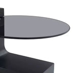Table basse gigogne ronde, Table d'appoint, Table basse avec plateau en verre transparent et pieds en forme de L, Blanc/Marron+Noir