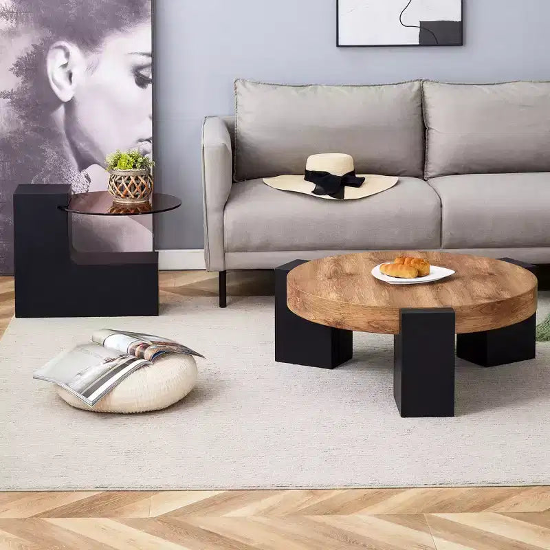 Table basse gigogne ronde, Table d'appoint, Table basse avec plateau en verre transparent et pieds en forme de L, Blanc/Marron+Noir
