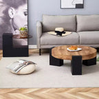 Table basse gigogne ronde, Table d'appoint, Table basse avec plateau en verre transparent et pieds en forme de L, Blanc/Marron+Noir