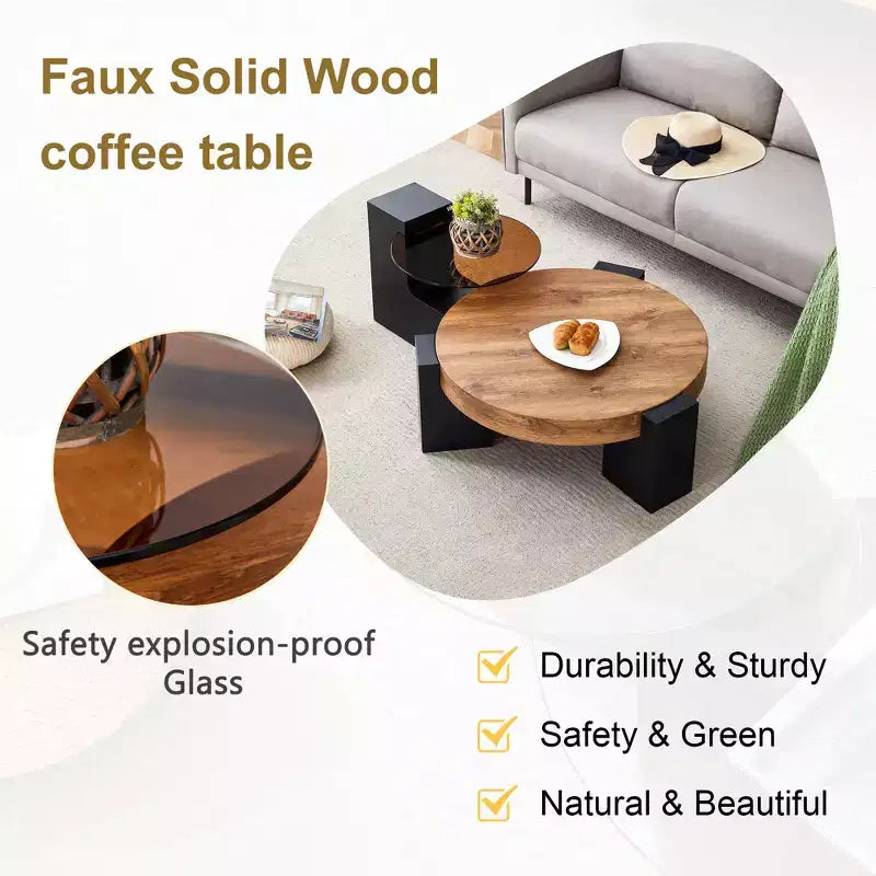 Table basse gigogne ronde, Table d'appoint, Table basse avec plateau en verre transparent et pieds en forme de L, Blanc/Marron+Noir