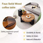 Table basse gigogne ronde, Table d'appoint, Table basse avec plateau en verre transparent et pieds en forme de L, Blanc/Marron+Noir