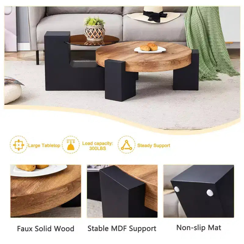 Table basse gigogne ronde, Table d'appoint, Table basse avec plateau en verre transparent et pieds en forme de L, Blanc/Marron+Noir