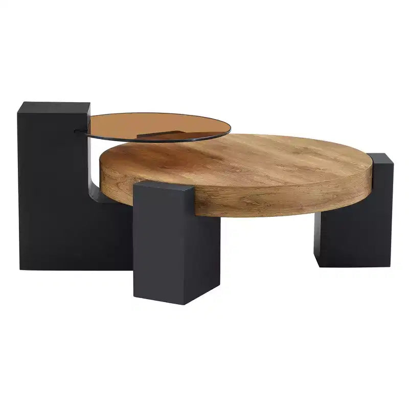 Table basse gigogne ronde, Table d'appoint, Table basse avec plateau en verre transparent et pieds en forme de L, Blanc/Marron+Noir