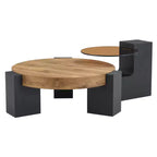 Table basse gigogne ronde, Table d'appoint, Table basse avec plateau en verre transparent et pieds en forme de L, Blanc/Marron+Noir