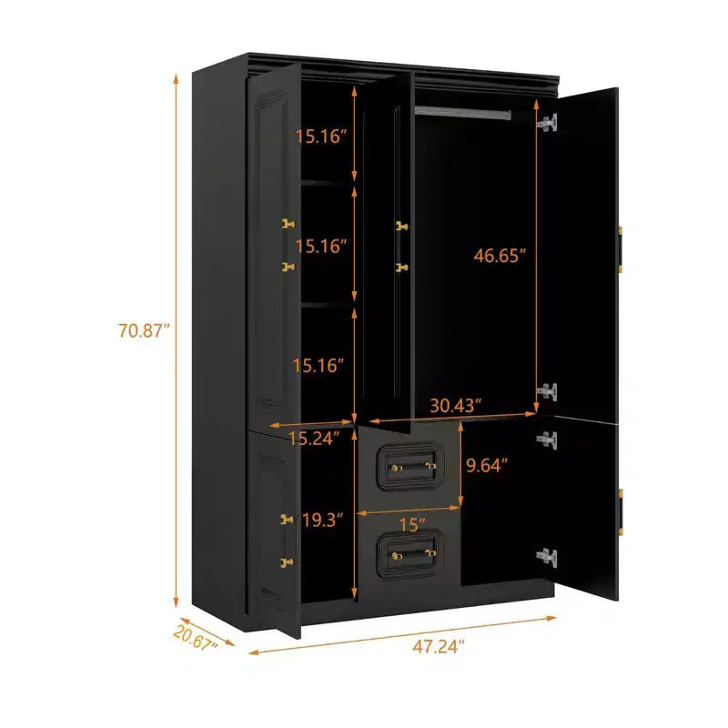 Armoire en bois noir de 120 cm avec 2 tiroirs et 5 portes