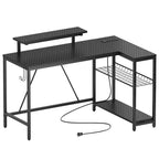 Bureau Gaming de 132 cm avec éclairage LED, Bureau d'angle en forme de L avec prise de courant et support de moniteur, Bureau d'ordinateur d'angle