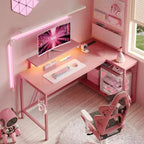 Bureau Gaming de 132 cm avec éclairage LED, Bureau d'angle en forme de L avec prise de courant et support de moniteur, Bureau d'ordinateur d'angle