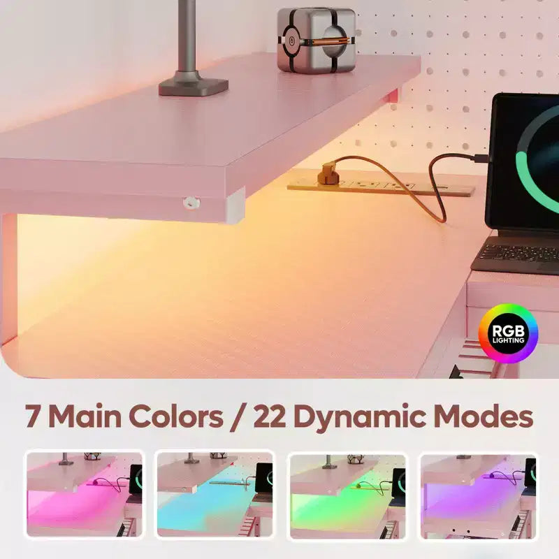 Bureau Gaming de 132 cm avec éclairage LED, Bureau d'angle en forme de L avec prise de courant et support de moniteur, Bureau d'ordinateur d'angle