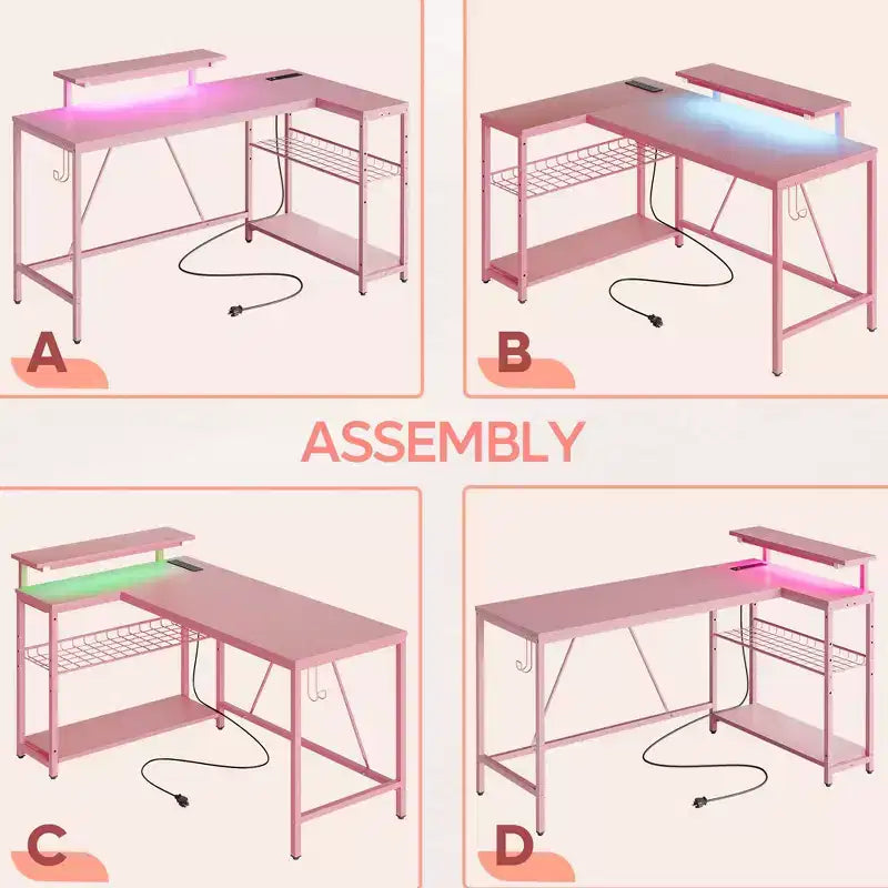 Bureau Gaming de 132 cm avec éclairage LED, Bureau d'angle en forme de L avec prise de courant et support de moniteur, Bureau d'ordinateur d'angle