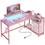 Bureau Gaming de 132 cm avec éclairage LED, Bureau d'angle en forme de L avec prise de courant et support de moniteur, Bureau d'ordinateur d'angle