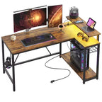Bureau Gaming de 132 cm avec éclairage LED, Bureau d'angle en forme de L avec prise de courant et support de moniteur, Bureau d'ordinateur d'angle