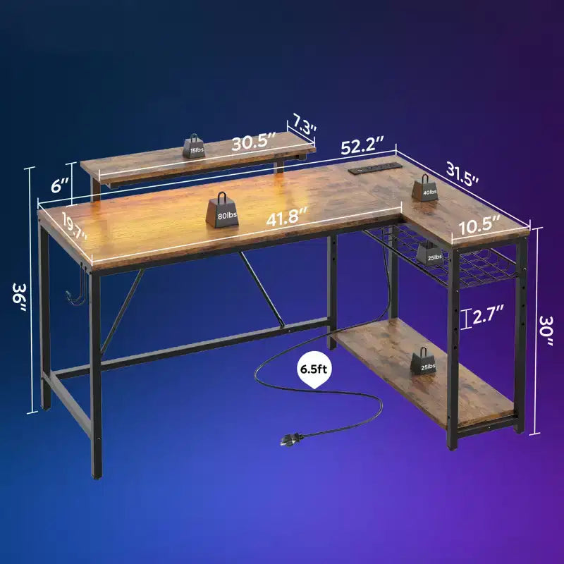 Bureau Gaming de 132 cm avec éclairage LED, Bureau d'angle en forme de L avec prise de courant et support de moniteur, Bureau d'ordinateur d'angle