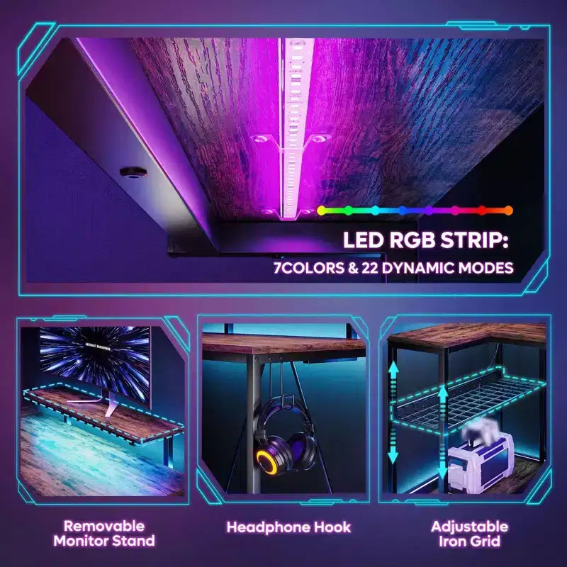 Bureau Gaming de 132 cm avec éclairage LED, Bureau d'angle en forme de L avec prise de courant et support de moniteur, Bureau d'ordinateur d'angle