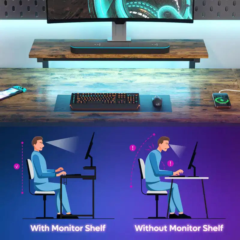 Bureau Gaming de 132 cm avec éclairage LED, Bureau d'angle en forme de L avec prise de courant et support de moniteur, Bureau d'ordinateur d'angle