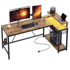 Bureau Gaming de 132 cm avec éclairage LED, Bureau d'angle en forme de L avec prise de courant et support de moniteur, Bureau d'ordinateur d'angle