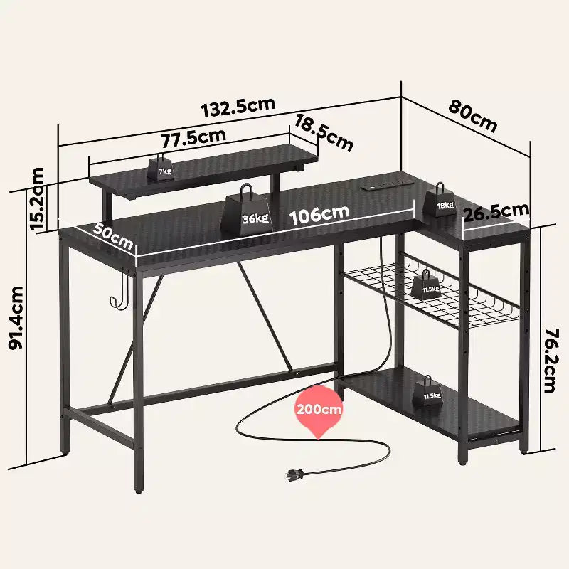 Bureau Gaming de 132 cm avec éclairage LED, Bureau d'angle en forme de L avec prise de courant et support de moniteur, Bureau d'ordinateur d'angle