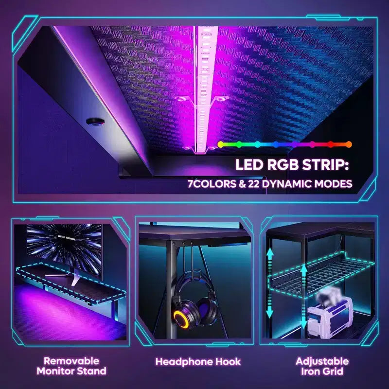 Bureau Gaming de 132 cm avec éclairage LED, Bureau d'angle en forme de L avec prise de courant et support de moniteur, Bureau d'ordinateur d'angle