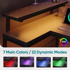 Bureau Gaming de 132 cm avec éclairage LED, Bureau d'angle en forme de L avec prise de courant et support de moniteur, Bureau d'ordinateur d'angle