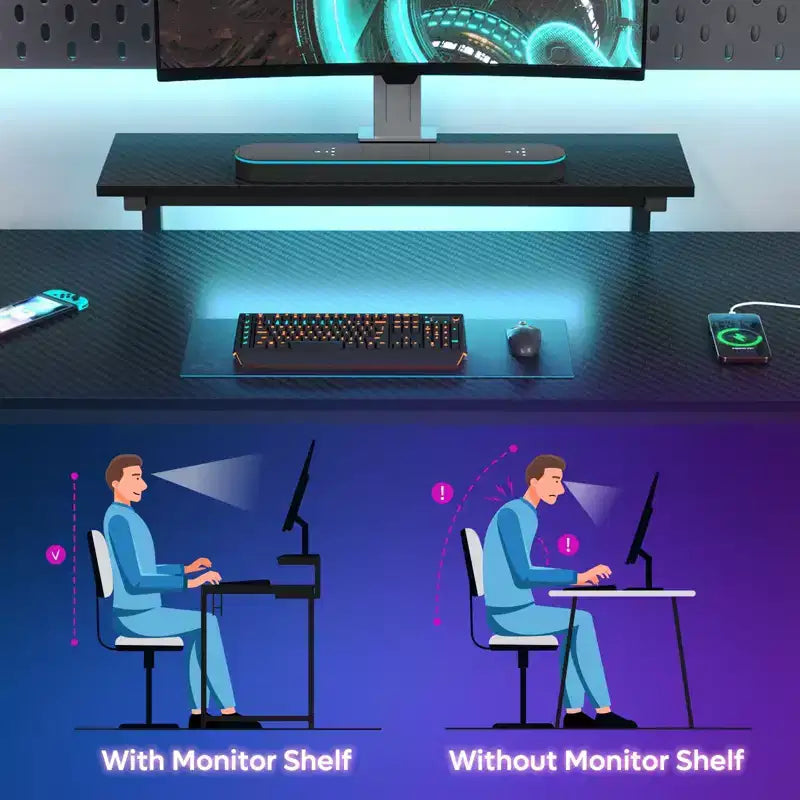 Bureau Gaming de 132 cm avec éclairage LED, Bureau d'angle en forme de L avec prise de courant et support de moniteur, Bureau d'ordinateur d'angle