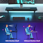 Bureau Gaming de 132 cm avec éclairage LED, Bureau d'angle en forme de L avec prise de courant et support de moniteur, Bureau d'ordinateur d'angle