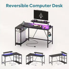 Bureau Gaming de 132 cm avec éclairage LED, Bureau d'angle en forme de L avec prise de courant et support de moniteur, Bureau d'ordinateur d'angle