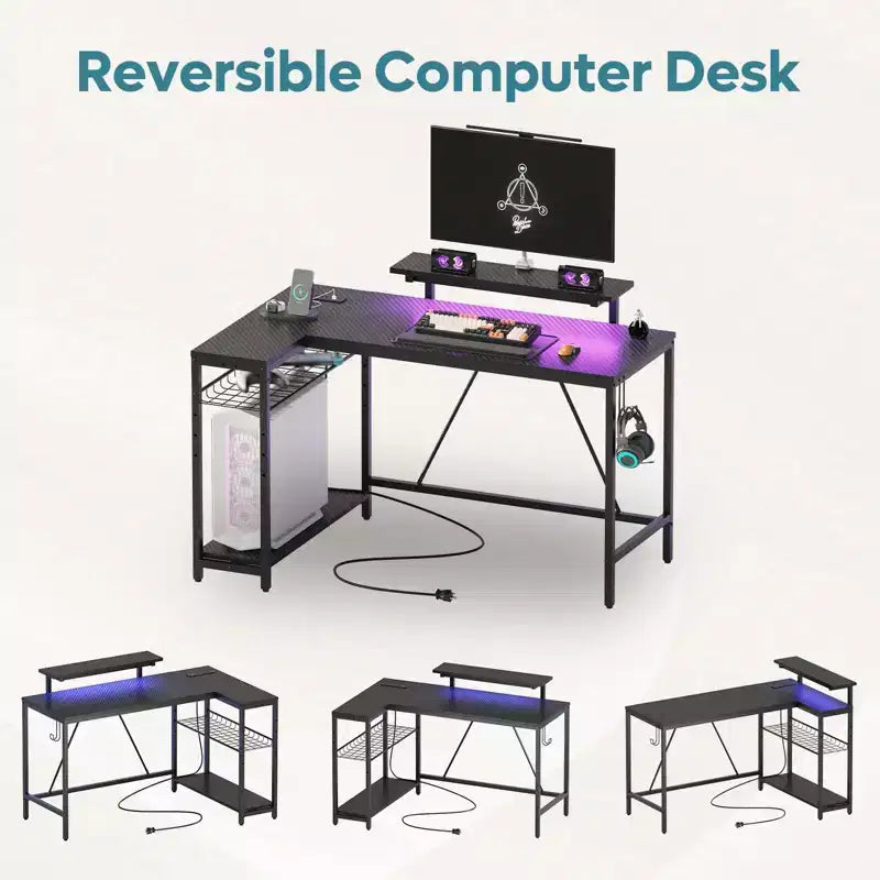 Bureau Gaming de 132 cm avec éclairage LED, Bureau d'angle en forme de L avec prise de courant et support de moniteur, Bureau d'ordinateur d'angle