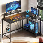 Bureau Gaming de 132 cm avec éclairage LED, Bureau d'angle en forme de L avec prise de courant et support de moniteur, Bureau d'ordinateur d'angle