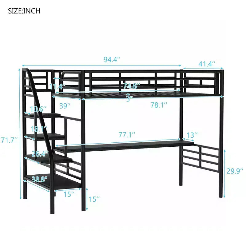 Lit mezzanine en métal de style industriel avec bureau intégré et escalier, noir – 240,4 cm (L) x 105,2 cm (l) x 182,1 cm (H)