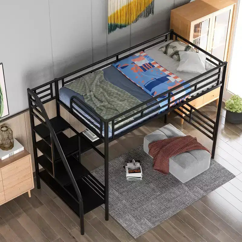 Lit mezzanine en métal de style industriel avec bureau intégré et escalier, noir – 240,4 cm (L) x 105,2 cm (l) x 182,1 cm (H)