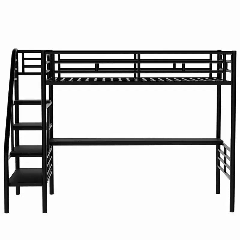 Lit mezzanine en métal de style industriel avec bureau intégré et escalier, noir – 240,4 cm (L) x 105,2 cm (l) x 182,1 cm (H)