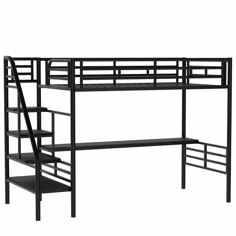 Lit mezzanine en métal de style industriel avec bureau intégré et escalier, noir – 240,4 cm (L) x 105,2 cm (l) x 182,1 cm (H)
