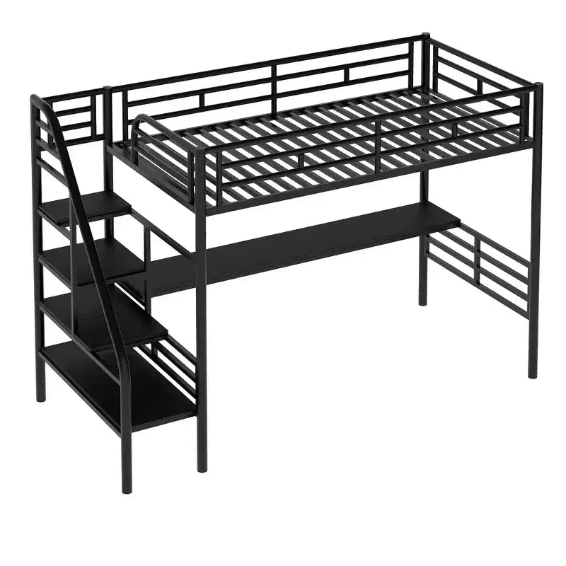 Lit mezzanine en métal de style industriel avec bureau intégré et escalier, noir – 240,4 cm (L) x 105,2 cm (l) x 182,1 cm (H)