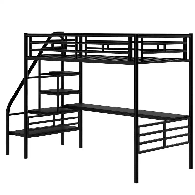 Lit mezzanine en métal de style industriel avec bureau intégré et escalier, noir – 240,4 cm (L) x 105,2 cm (l) x 182,1 cm (H)