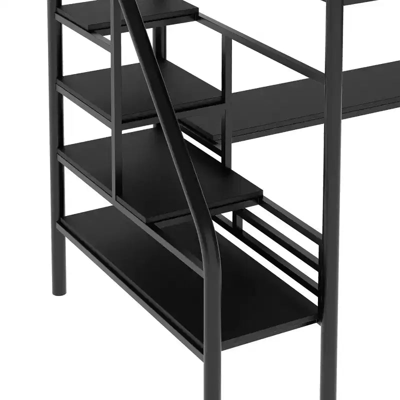 Lit mezzanine en métal de style industriel avec bureau intégré et escalier, noir – 240,4 cm (L) x 105,2 cm (l) x 182,1 cm (H)
