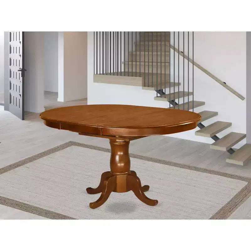 Table de salle à manger ovale avec rallonge papillon, piètement central, couleur selle