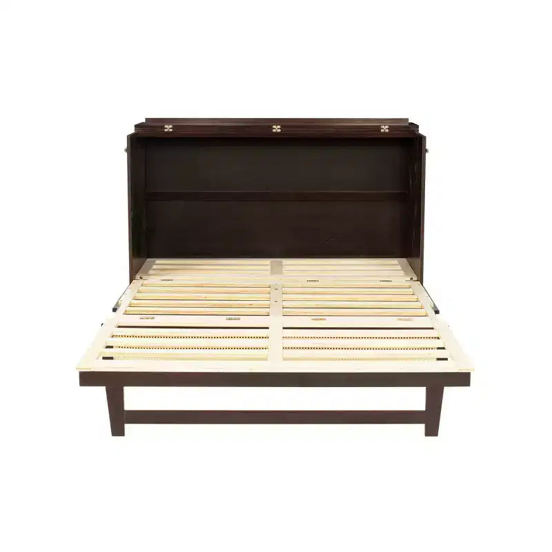 Lit escamotable Queen Size en pin avec décoration en rotin et tiroir de rangement
