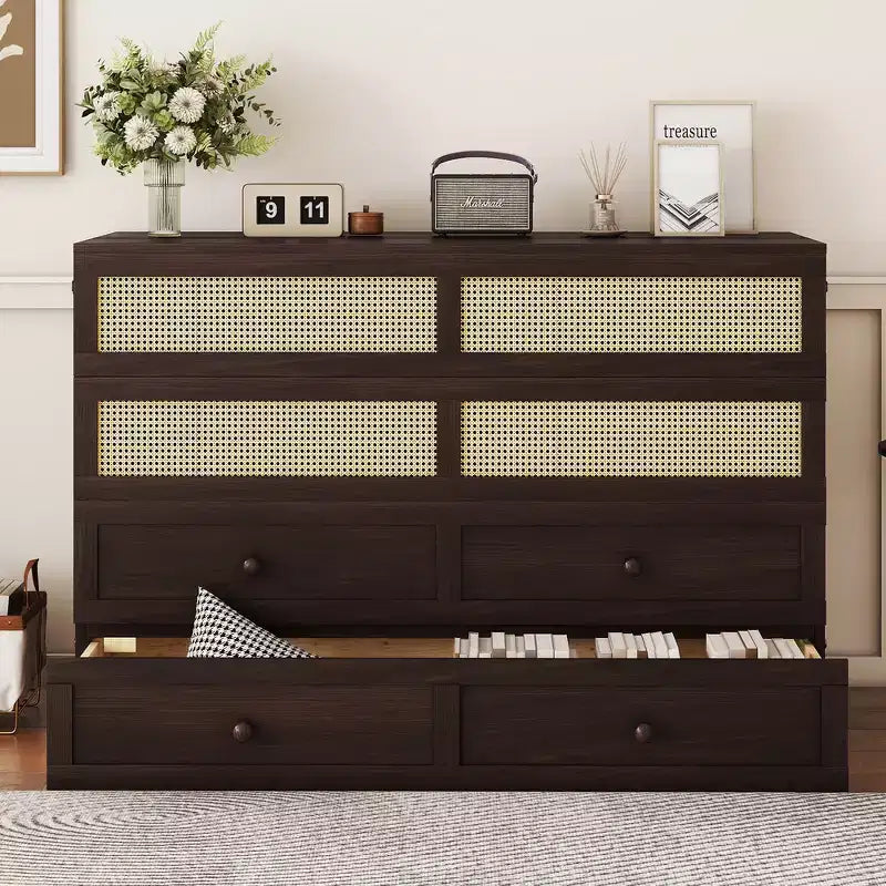 Lit escamotable Queen Size en pin avec décoration en rotin et tiroir de rangement