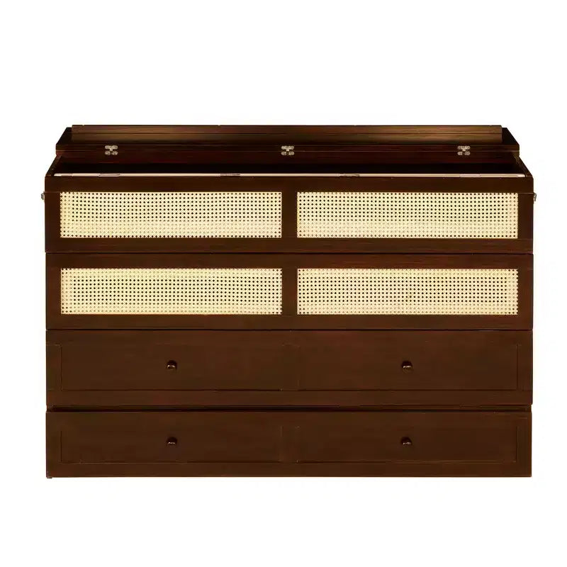 Lit escamotable Queen Size en pin avec décoration en rotin et tiroir de rangement