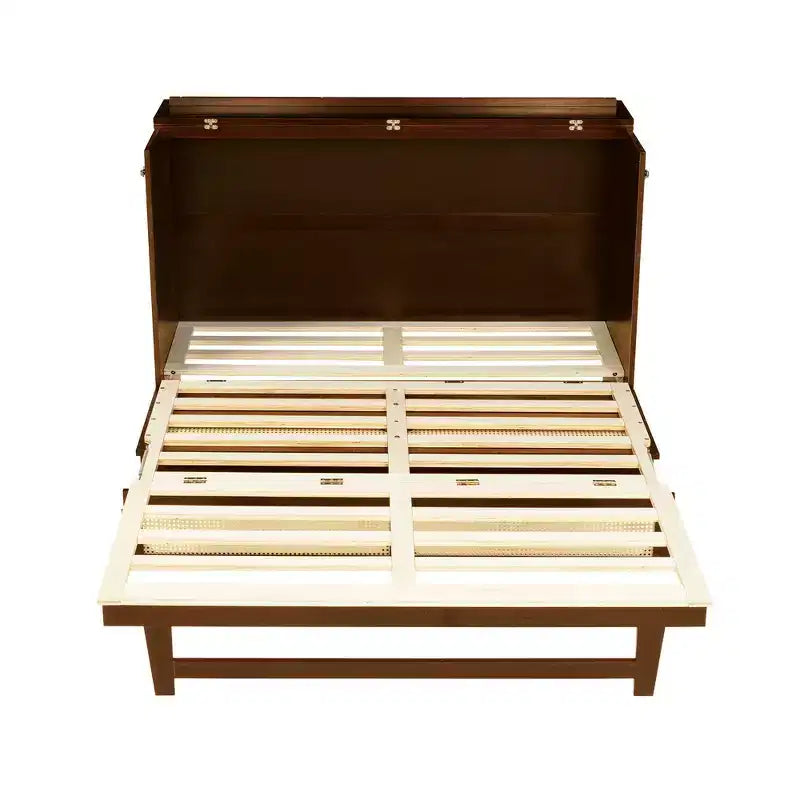 Lit escamotable Queen Size en pin avec décoration en rotin et tiroir de rangement