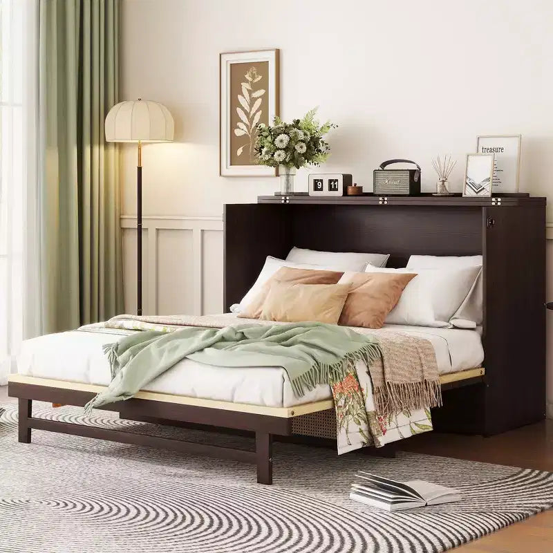 Lit escamotable Queen Size en pin avec décoration en rotin et tiroir de rangement