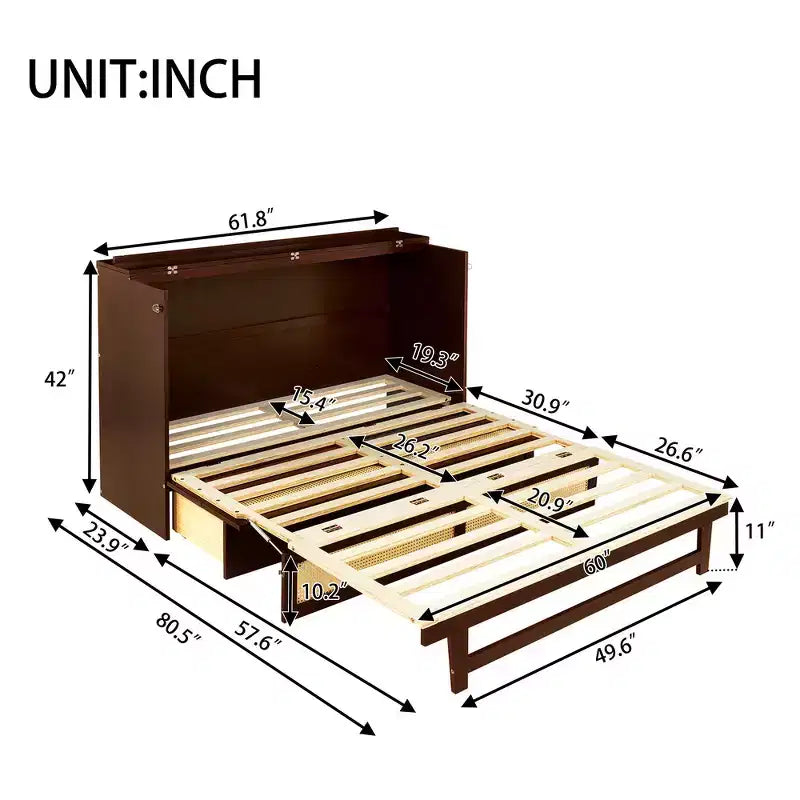 Lit escamotable Queen Size en pin avec décoration en rotin et tiroir de rangement