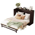 Lit escamotable Queen Size en pin avec décoration en rotin et tiroir de rangement
