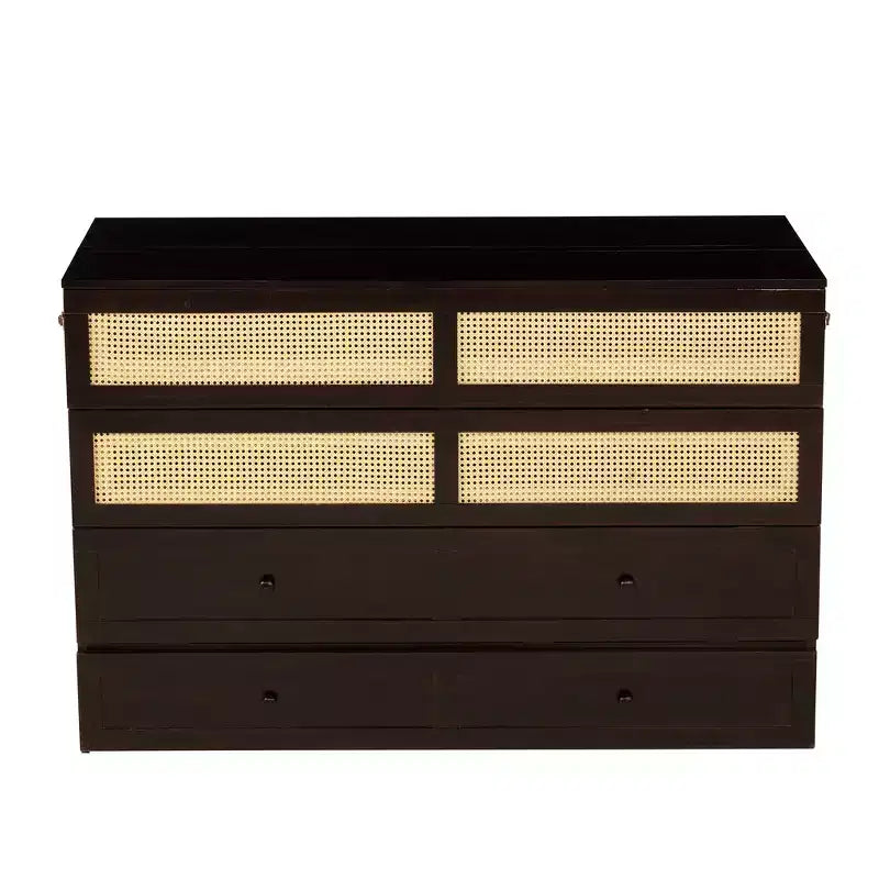 Lit escamotable Queen Size en pin avec décoration en rotin et tiroir de rangement