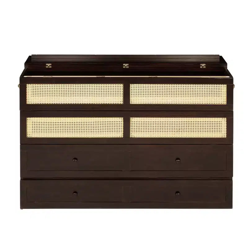 Lit escamotable Queen Size en pin avec décoration en rotin et tiroir de rangement
