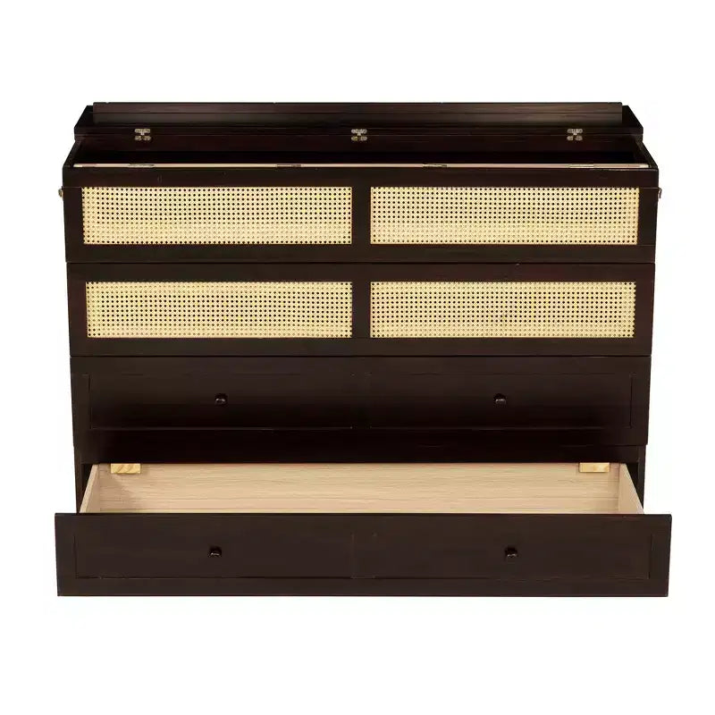 Lit escamotable Queen Size en pin avec décoration en rotin et tiroir de rangement