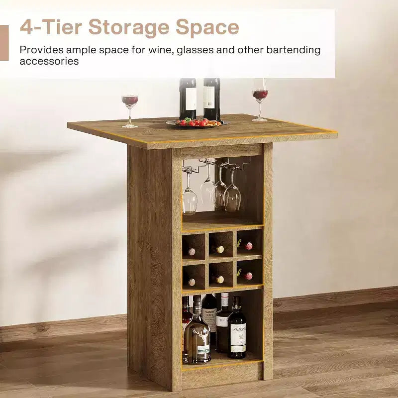 Table de bar carrée de 80 cm, unité de bar à hauteur de comptoir en bois à 4 niveaux avec porte-verres, porte-bouteilles et étagères de rangement pour bistrot