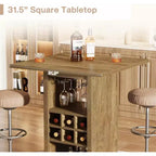 Table de bar carrée de 80 cm, unité de bar à hauteur de comptoir en bois à 4 niveaux avec porte-verres, porte-bouteilles et étagères de rangement pour bistrot
