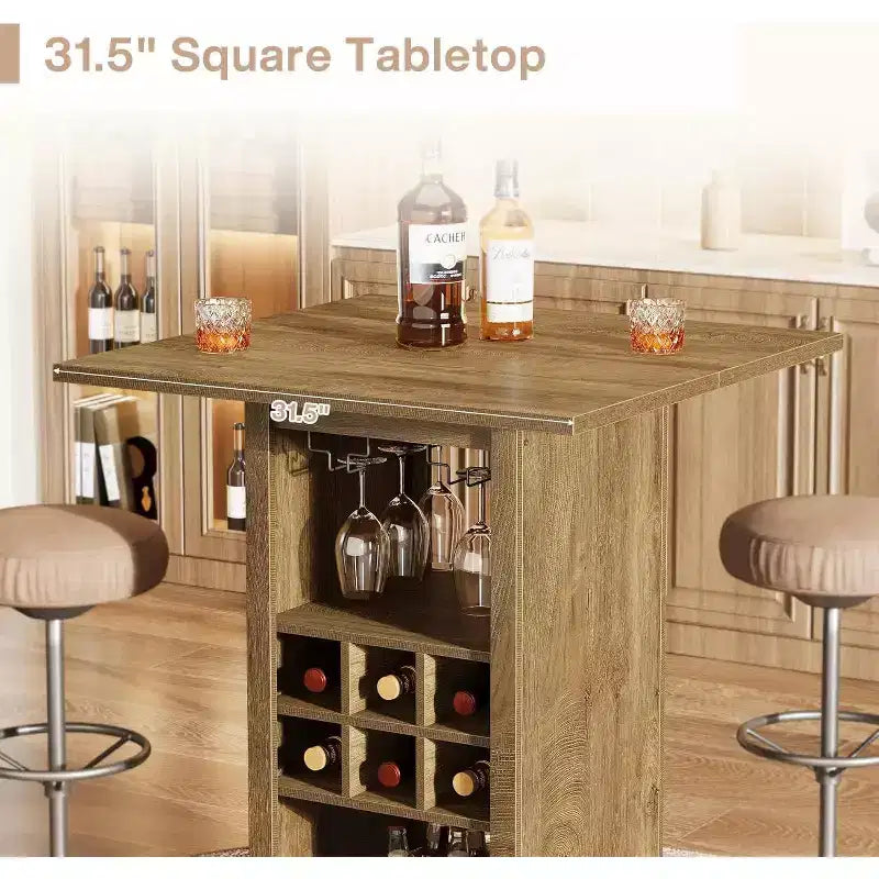 Table de bar carrée de 80 cm, unité de bar à hauteur de comptoir en bois à 4 niveaux avec porte-verres, porte-bouteilles et étagères de rangement pour bistrot