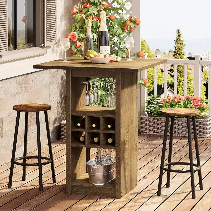 Table de bar carrée de 80 cm, unité de bar à hauteur de comptoir en bois à 4 niveaux avec porte-verres, porte-bouteilles et étagères de rangement pour bistrot
